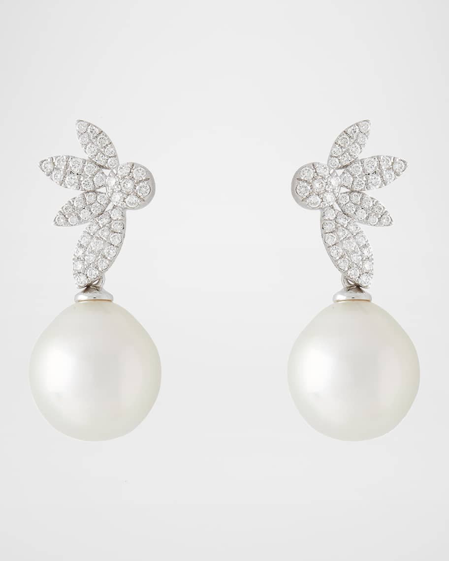Pearls By Shari 18K White Gold 11mm South Sea Pearl and Diamond Flower Leaf Earrings | Neiman Marcus