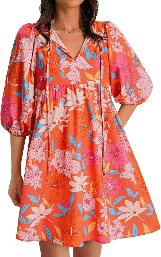 Yousify Womens Summer Dresses Floral Mini Babydoll Dress V Neck Puff Sleeve Loose Fit Boho Beach ... | Amazon (US)