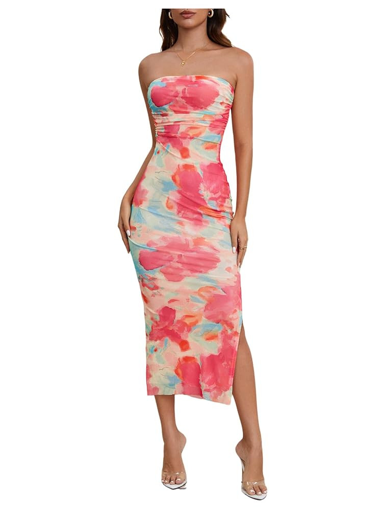 Milumia Women's Summer Strapeless Tube Top Dresses Side Slit Ruched Bodycon Maxi Dress Vacation | Amazon (US)