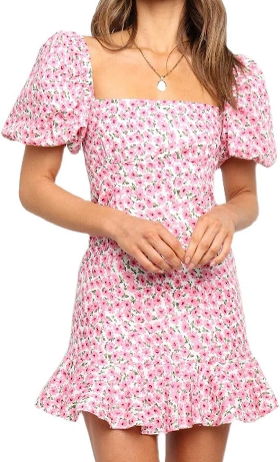 LERENSHA Womens Dresses Short Puff Sleeve Square Neck Ditsy Floral Print Smocked Back A Line Ruff... | Amazon (US)