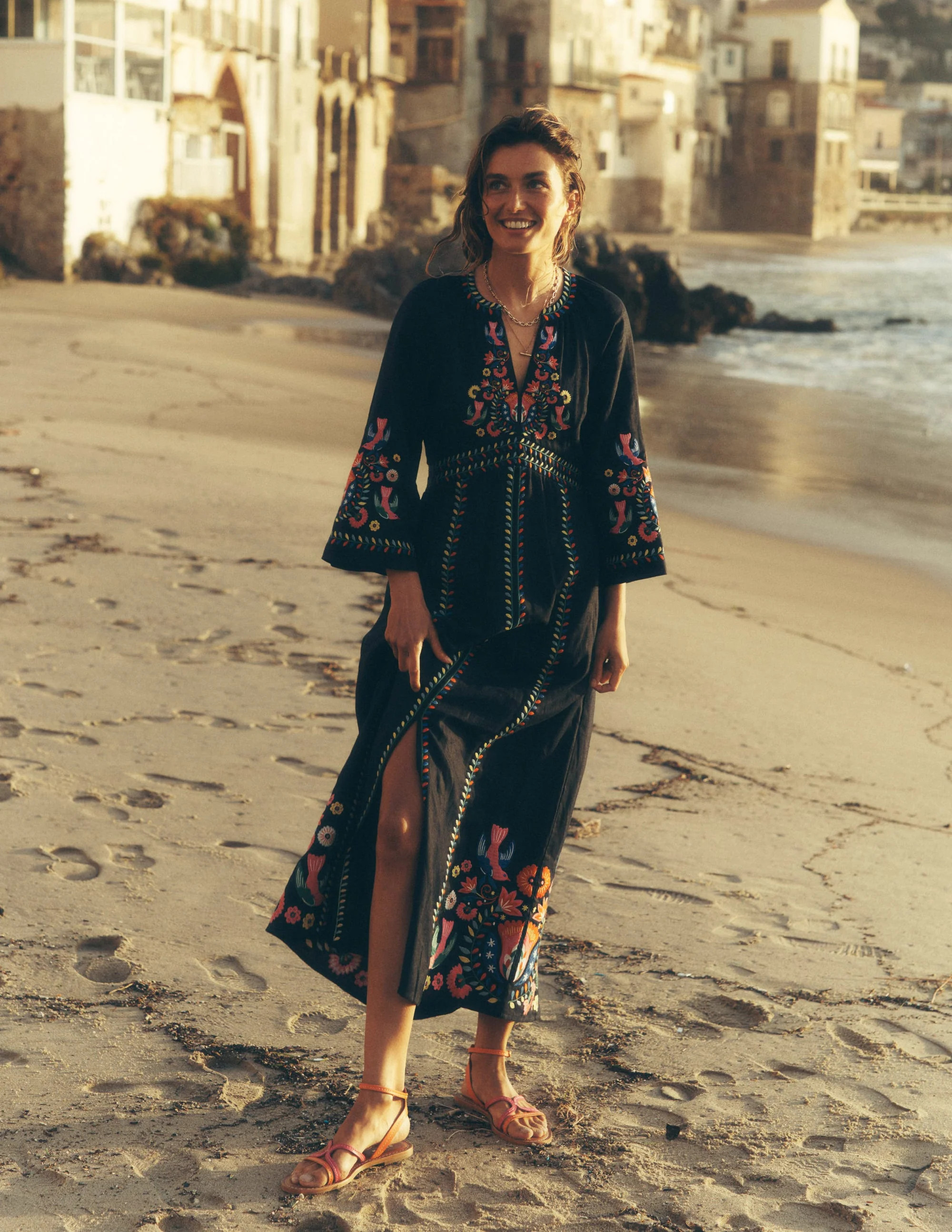 Una Linen Embroidered Dress-Navy, Multi Embroidery | Boden UK