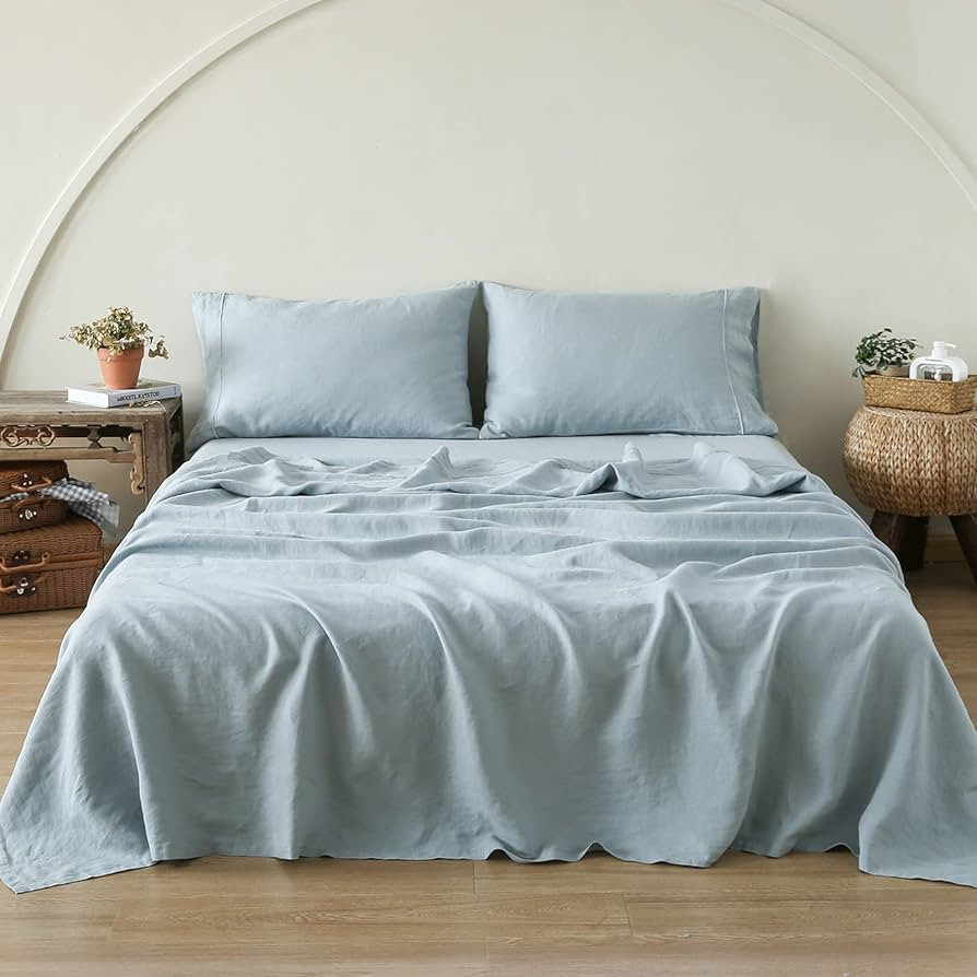 Simple&Opulence 100% Linen Sheet Set with Embroidery Washed - 4 Pieces (1 Flat Sheet & 1 Fitted S... | Amazon (US)