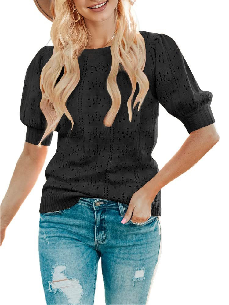 MEROKEETY Women's 2025 Spring Puff Short Sleeve Sweater Tops Crew Neck Crochet Knit Soft Pullover... | Amazon (US)