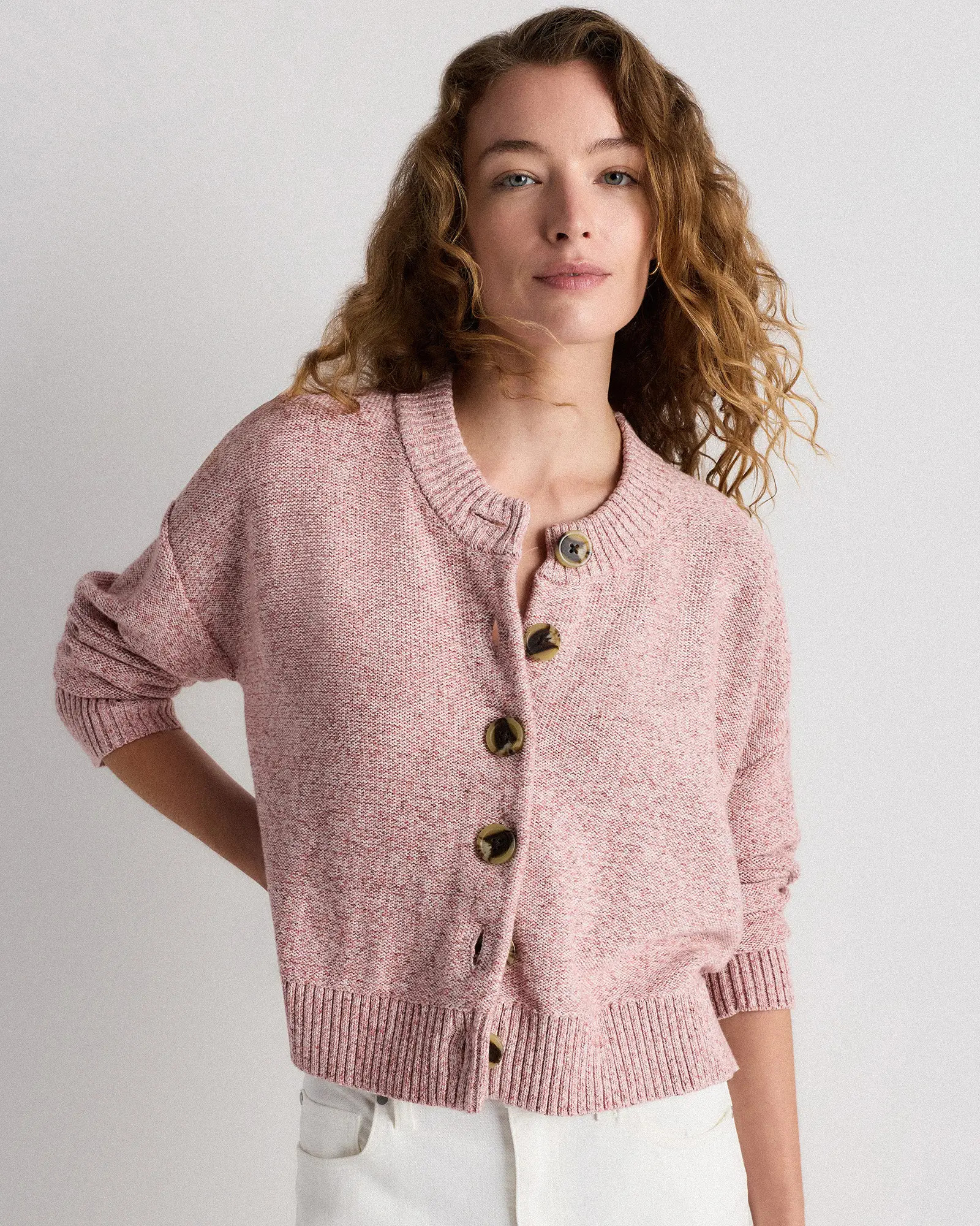 100% Organic Cotton Cropped Cardigan in Marled Rose Pink | Quince