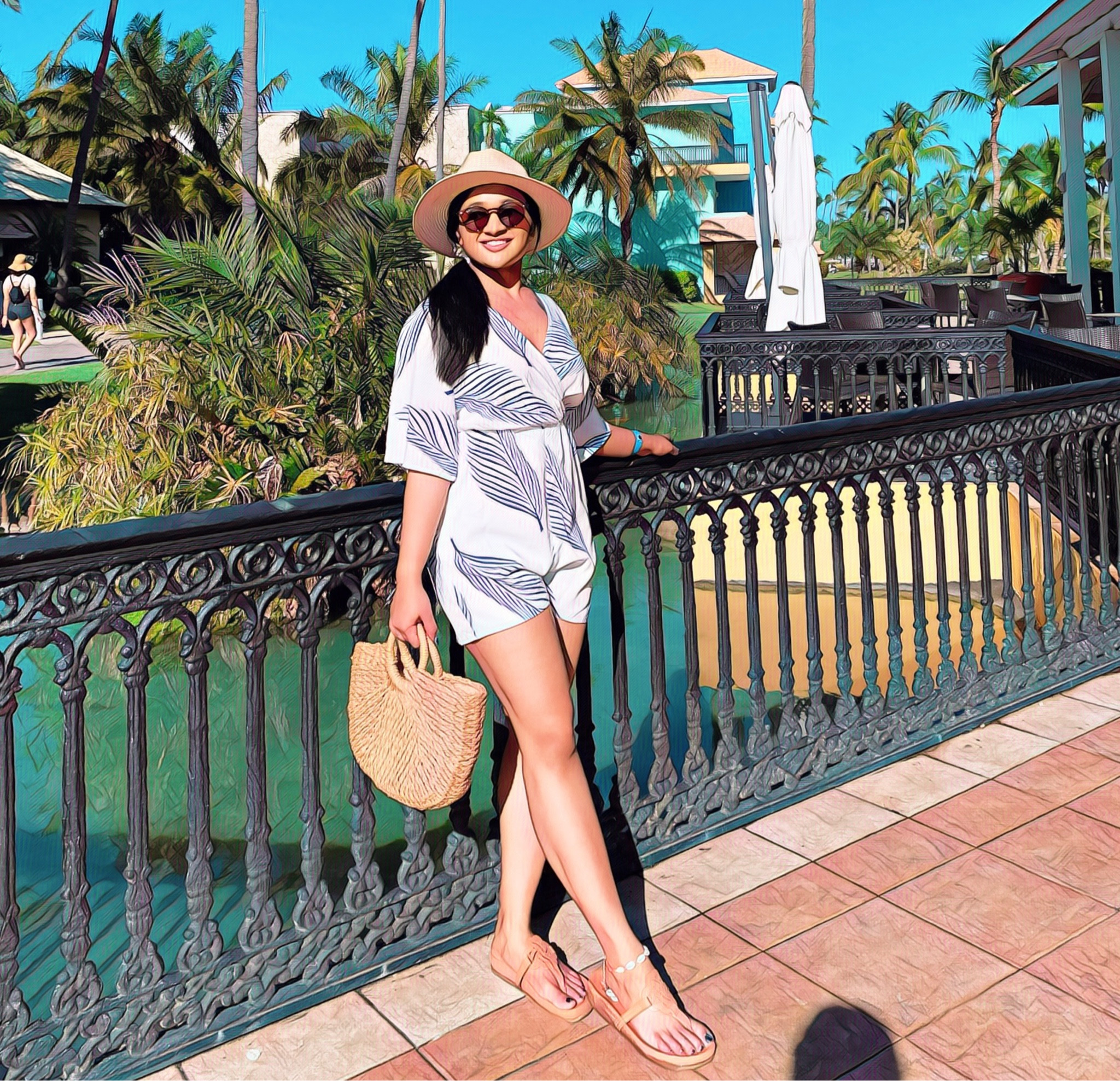 A vacation outfit 
Romper, tropical prints, vacation look, straw bag

#LTKunder100 #LTKstyletip #LTKtravel