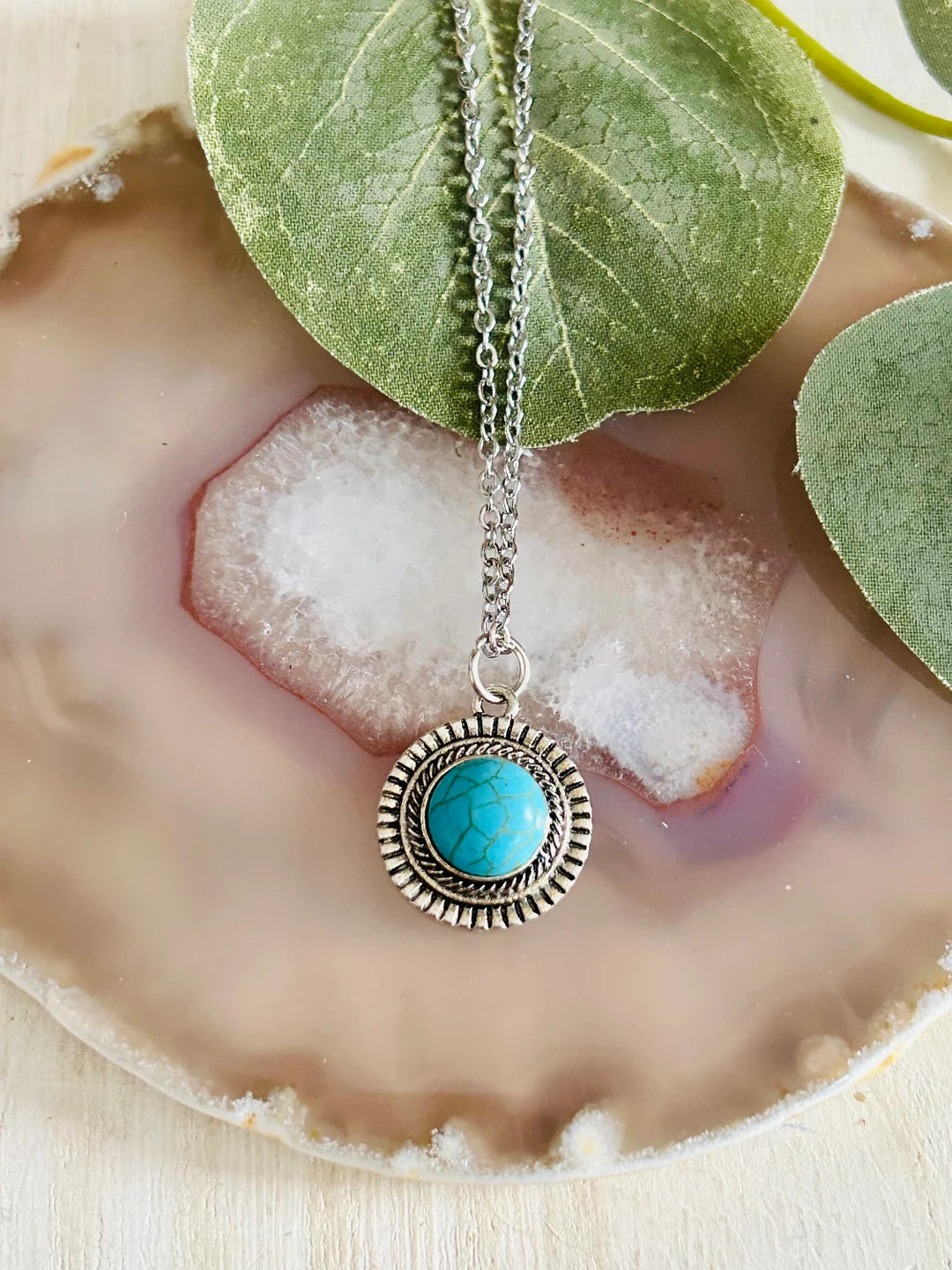 Womens Turquoise Circle Necklace, Womens Silver Necklace - Etsy | Etsy (US)