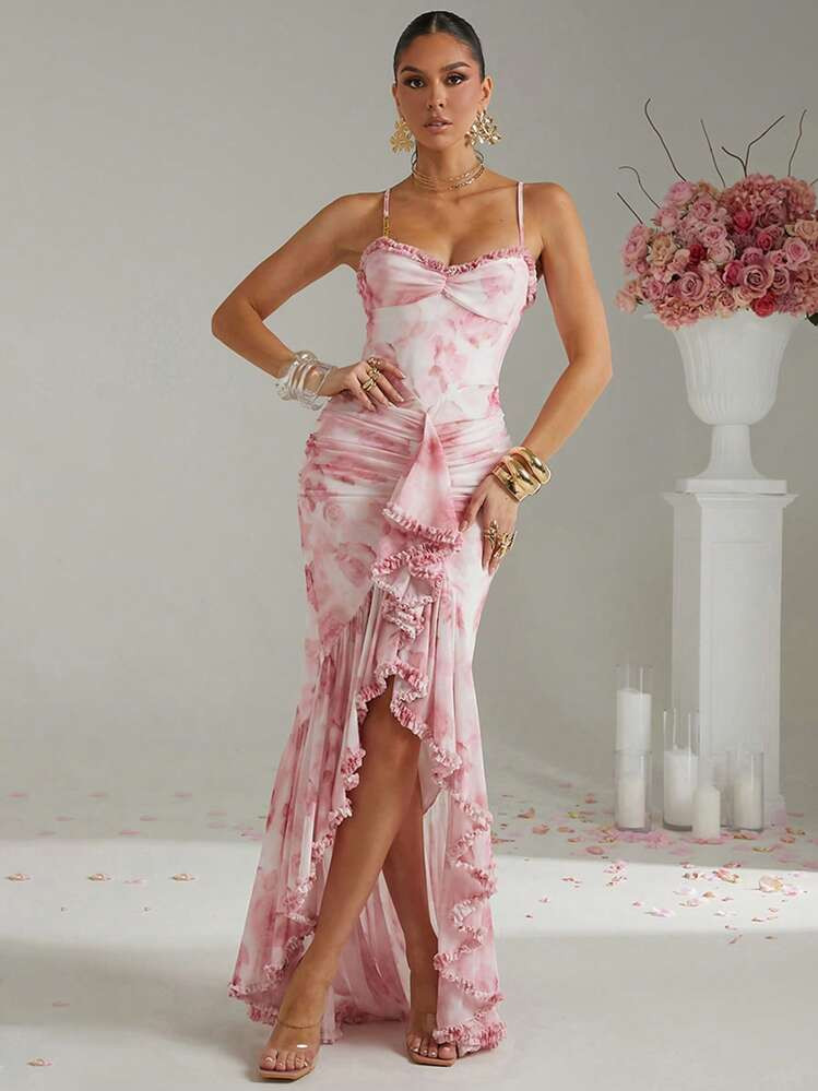 Lumalex Spring Summer Swimsuit Swimwear Swim Vacation Bohemian BOHO Sea Beach Hot Outdoor Richly Layered Wedding Season Banquet Coming Of Age Ceremony Beach Seaside Festival Old Money Wedding Engagement Coming Of Age Ceremony Watercolor Rose Tie Dye Print Ruffle Hem Asymmetric Bodycon Sleeveless Metal Decor Dress For Women | SHEIN