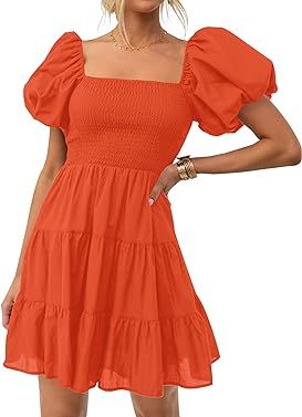 ZESICA Women's 2023 Boho Summer Square Neck Puff Sleeve Off Shoulder Smocked Tiered Casual A Line... | Amazon (US)