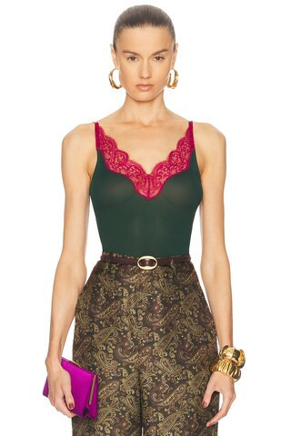 Saint Laurent Lace Tank Top in Sapin & Fuchsia - Dark Green. Size M (also in ). | FWRD 