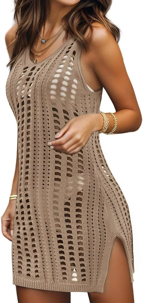 Swimsuit Coverup for Women Bathing Suit Cover ups Crochet Beach Tank Dress Hollow Out Slit Bikini... | Amazon (US)