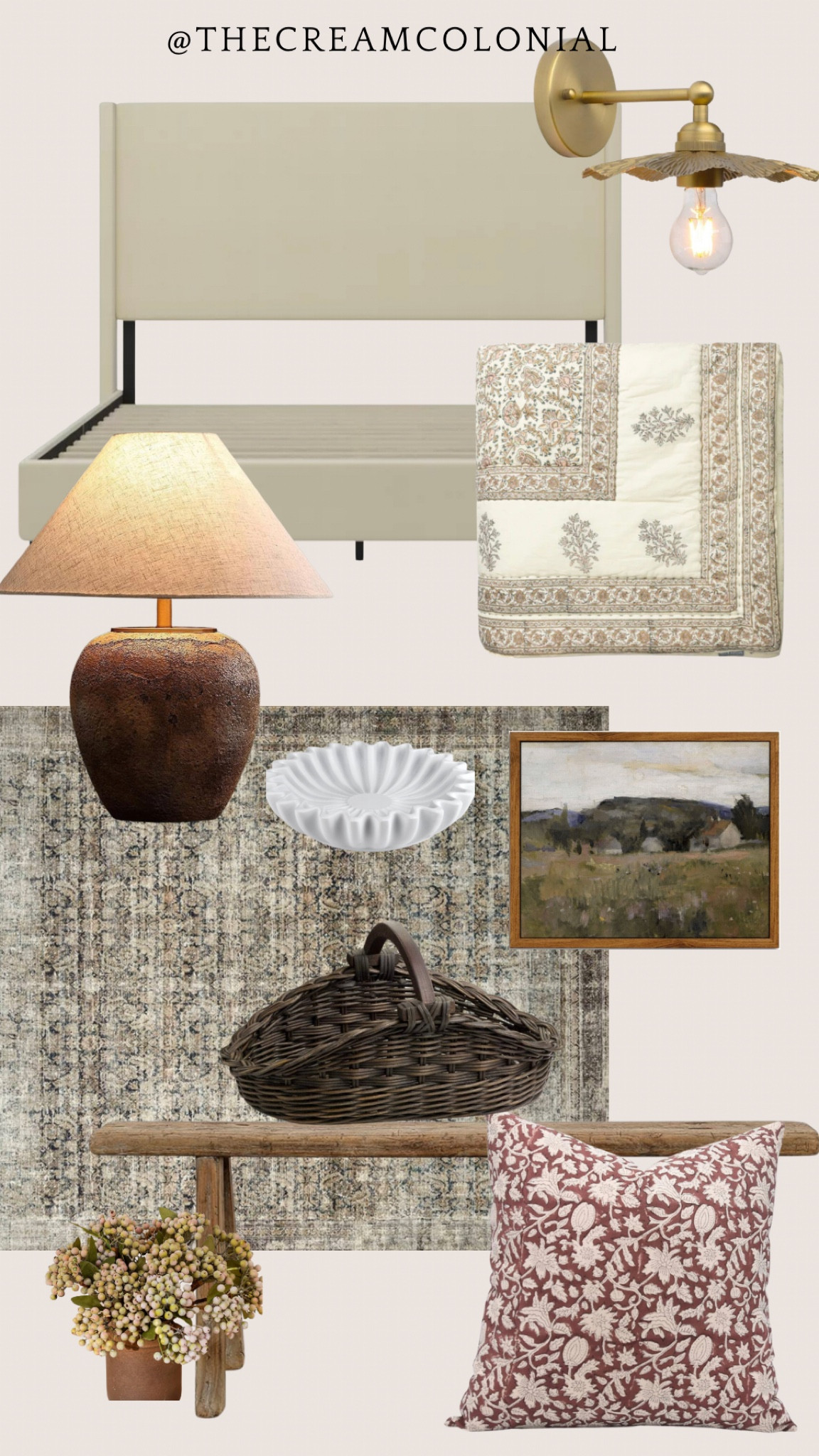 Favorite recent finds! Pot lamp amber interiors dupe, loloi Morgan, McGee and co quilt, vintage basket, distressed bench, brass sconces.