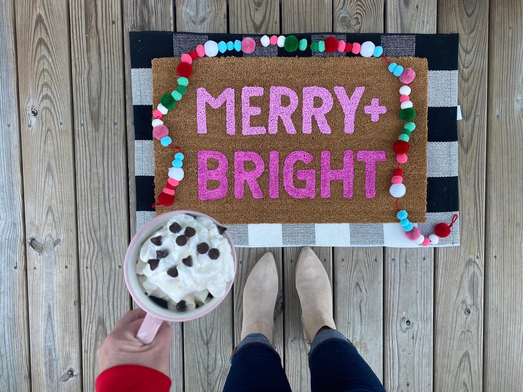 Merry and Bright pink Doormat Christmas Doormat Holiday - Etsy | Etsy (US)