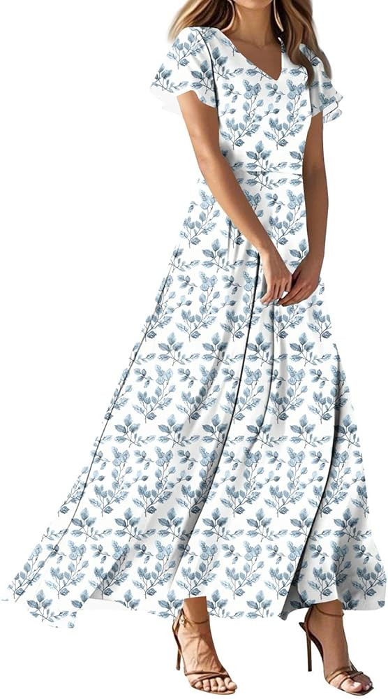 Summer Dresses for Women 2026 Trendy Elegant Floral Maxi Dress Short Sleeve Ruffle Flowy A Line W... | Amazon (US)