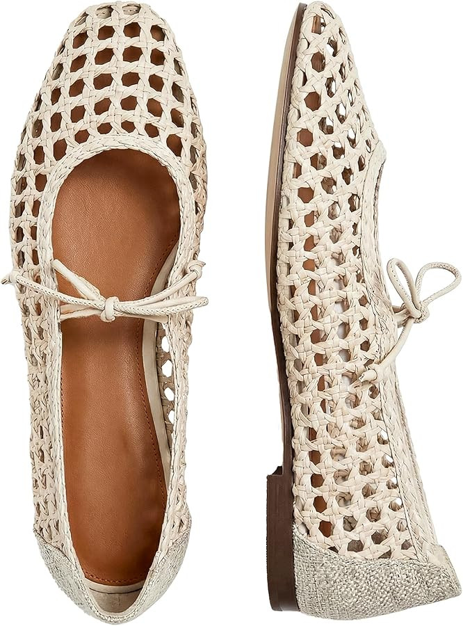 Women Woven Mesh Ballet Flats Raffia Lace up Ballerina Mary Jane Flats Fashion Casual Slip on Sho... | Amazon (US)