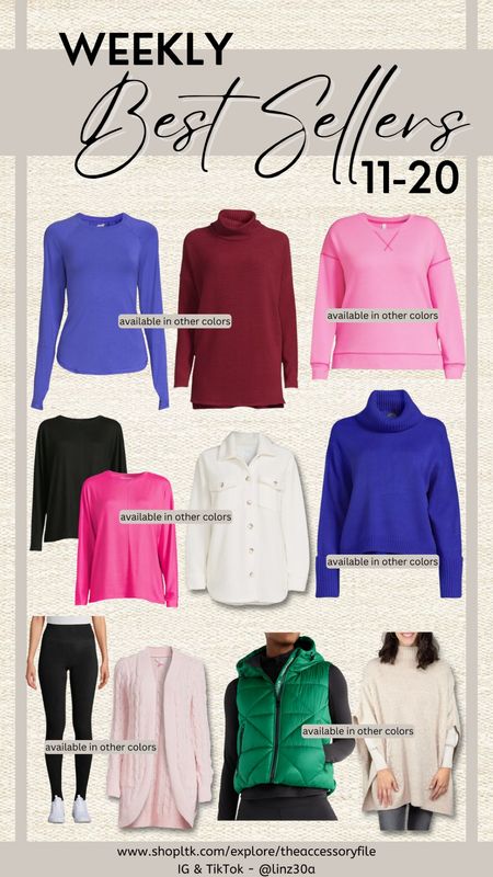 This past week’s 11-20 best sellers.

Winter outfits, winter fashion, cowl neck sweaters, winter sweaters, tunic tops, sleep wear, pajamas, shackets, thermal leggings, puffer vest, cable knit poncho, long sleeve layering tee 

#LTKstyletip #LTKfindsunder50 #LTKSeasonal