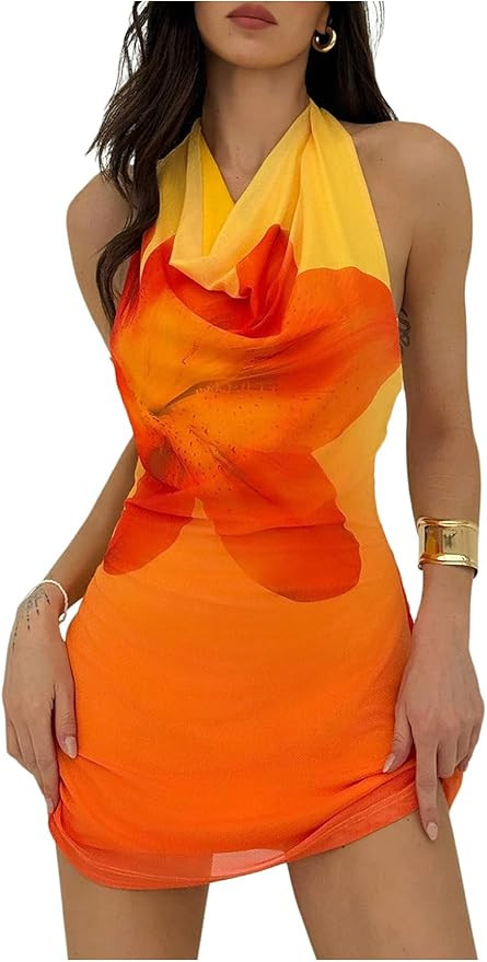 MakeMeChic Women's Vacation Mini Dress Y2k Halter Backless Dresses Cowl Neck Floral Sundress | Amazon (US)