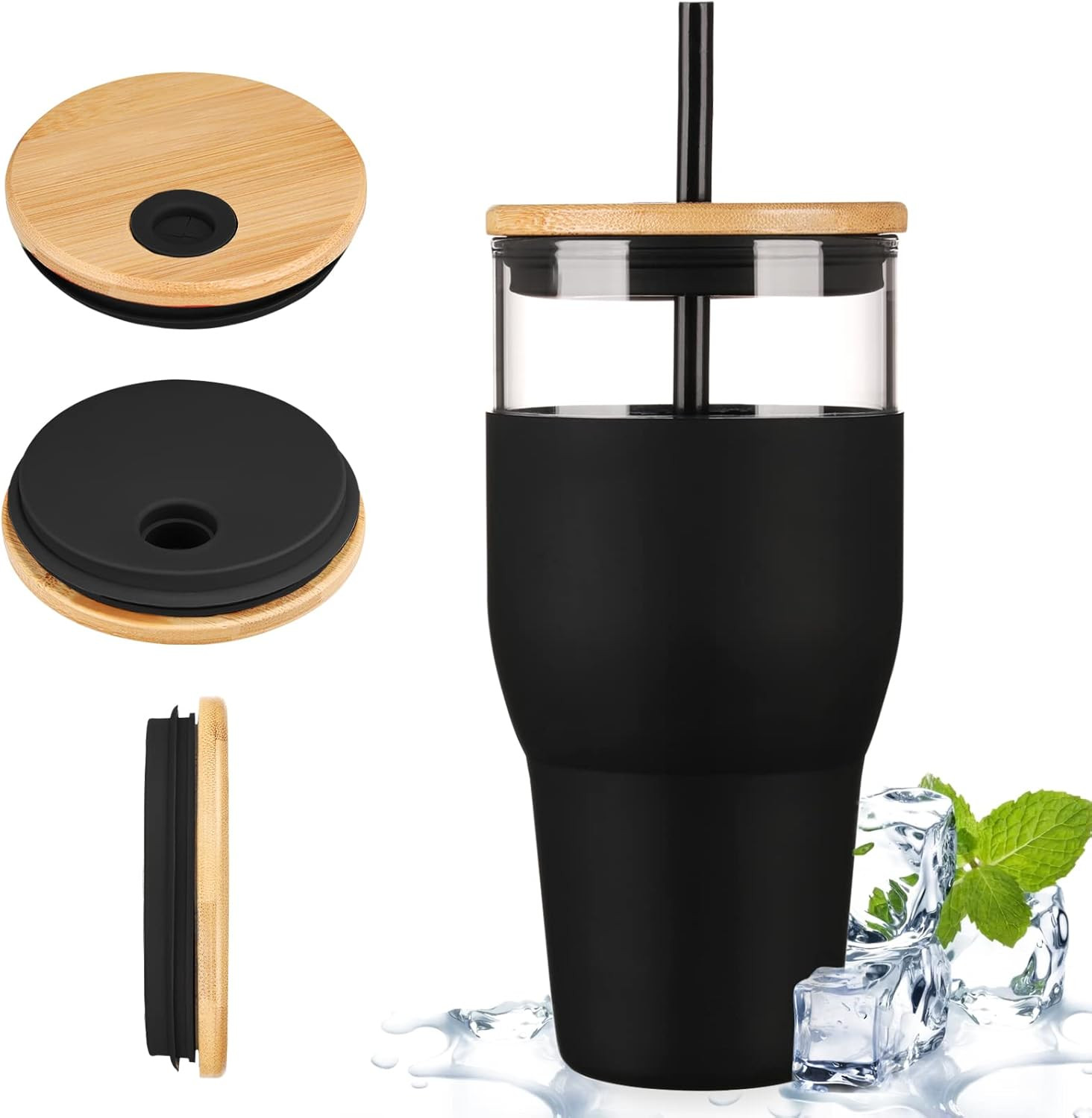 kytffu 32oz Glass Tumbler with Straw and Lid, Reusable Boba Smoothie Cup Iced Coffee Tumbler with... | Amazon (US)