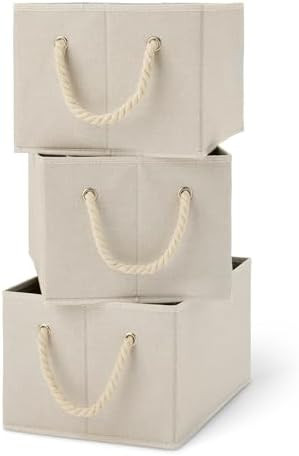 Amazon Basics Foldable Storage Bins with Rope Handles, Linen, Large, Pack of 3 | Amazon (US)