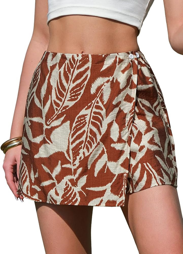 EXLURA Womens Summer Wrap Short Skirt Tropical Faux Linen Boho Mini Skirts Button Side High Waist... | Amazon (US)