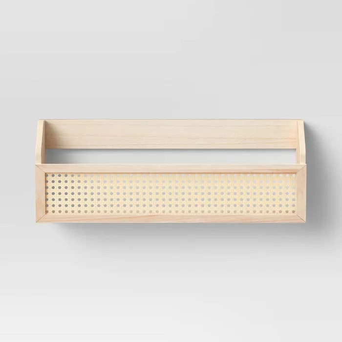 23" x 8.5" Wood and Rattan Wall Shelf with Caning Warm Tone Brown - Threshold™ | Target