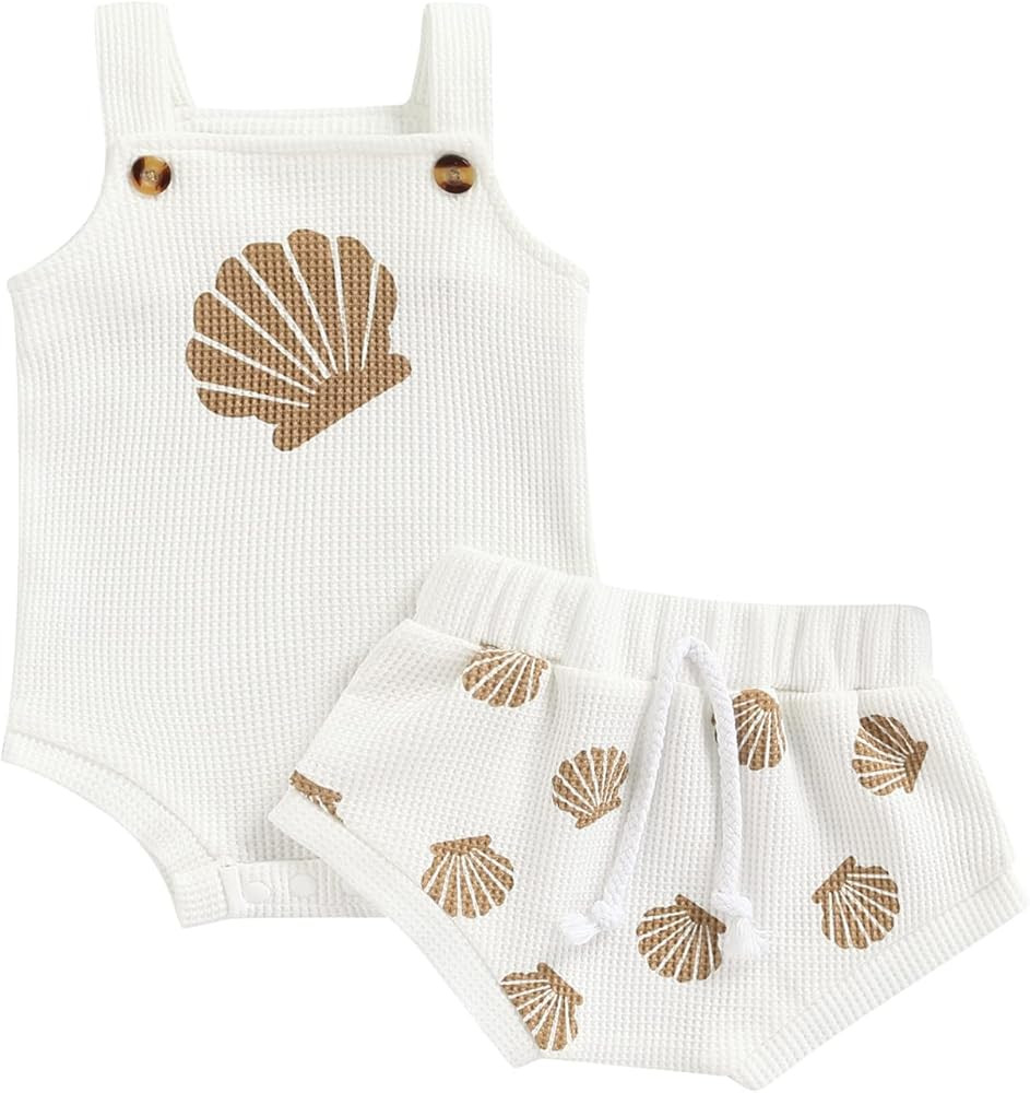 Newborn Baby Girl Summer Outfits Ribbed Sleeveless Romper Bodysuit Top and Ruffle Shorts Headband... | Amazon (US)