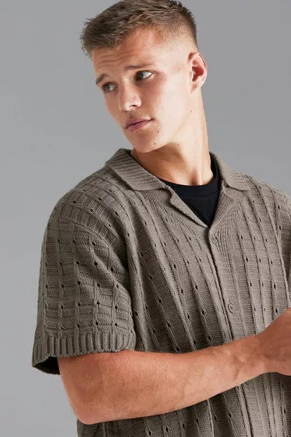 Tall Open Stitch Button Down Knitted Shirt | Boohoo.com (US & CA)