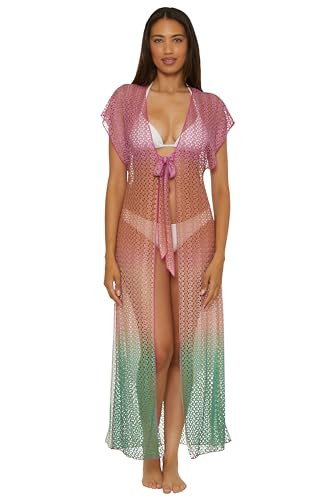 BECCA Women's Standard Sunset Crochet Ombre Tunic, Tie Front, Casual, Beach Cover Ups, Azalea Emerald | Amazon (US)