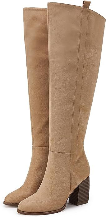 Womens Pointed Toe Knee High Boots Faux Suede Side Zipper Chunky Block Heel Stretch Winter Thigh ... | Amazon (US)