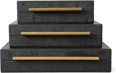 Kingflux Faux Black Shagreen Leather Set of 3 Pcs Decorative Boxes, Storage Boxes Jewelry Organiz... | Amazon (US)