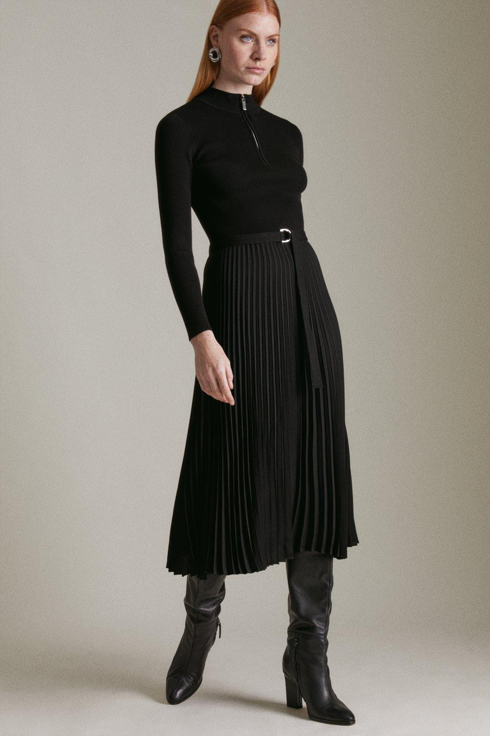 Long Sleeve Zip Turtle Neck Pleated Skirt Dress | Karen Millen UK & IE
