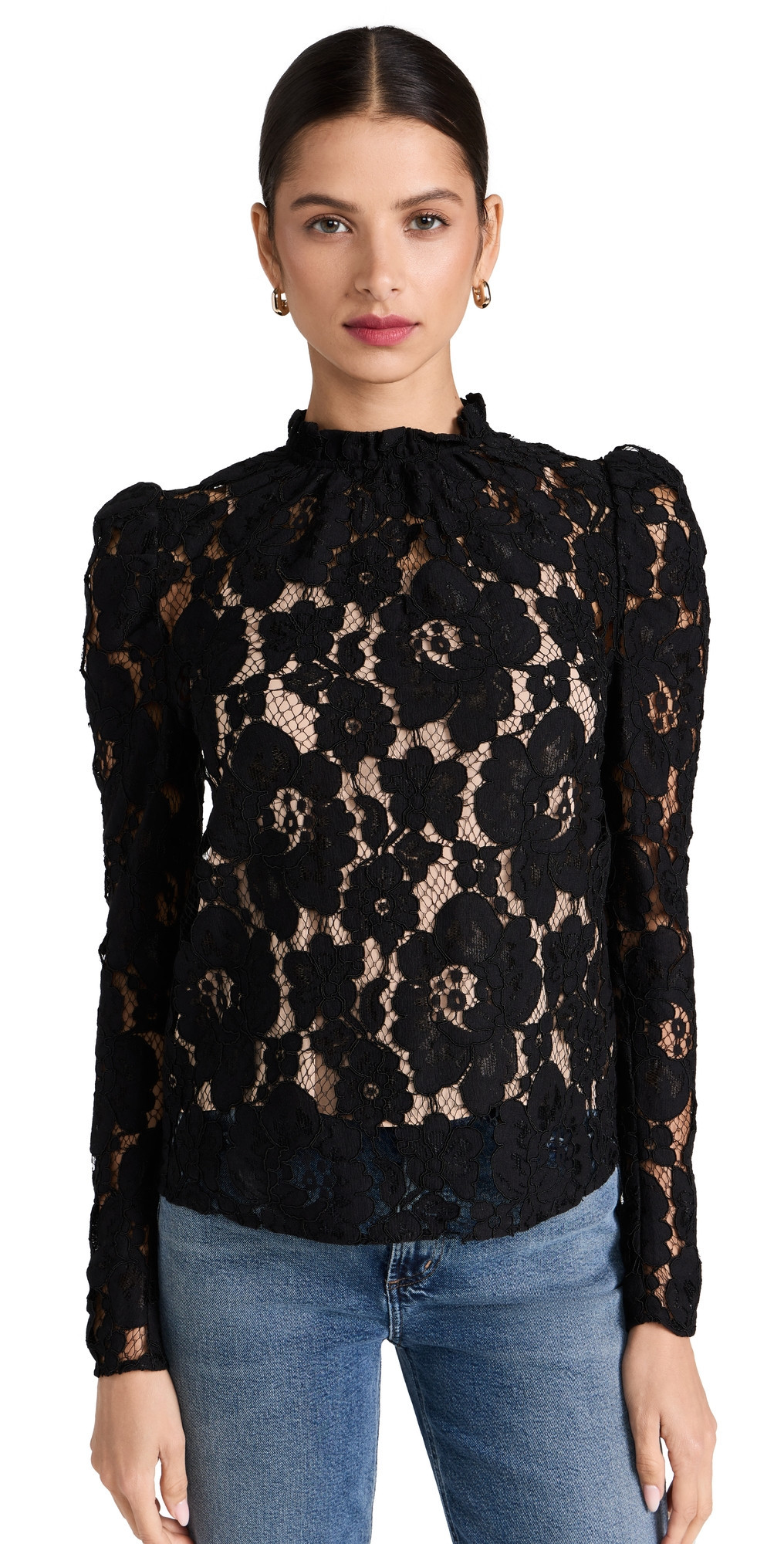 WAYF Emma Puff Sleeve Lace Top Black S | Shopbop