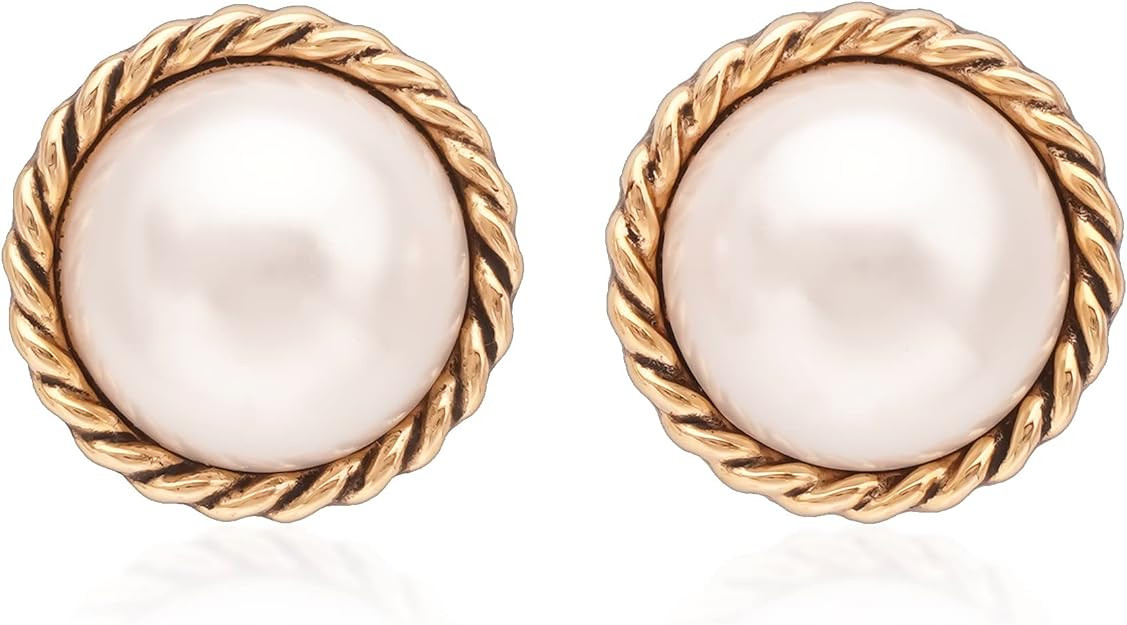 Pearl Stud Earrings, Gold Pearl Earrings Studs, Faux Pearl Earrings for Women Gold Plated, Gold S... | Amazon (US)