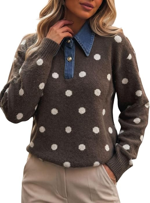 happlan Women's Denim Collar Polka dot Long Sleeve Sweater | Amazon (US)