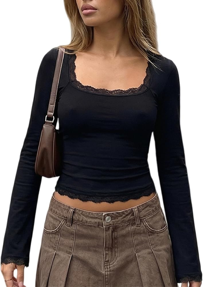 Women Square Neck Lace Long Sleeve Top Y2k Lace Trim Slim Fit Basic Blouse Casual Fall Going Out ... | Amazon (US)