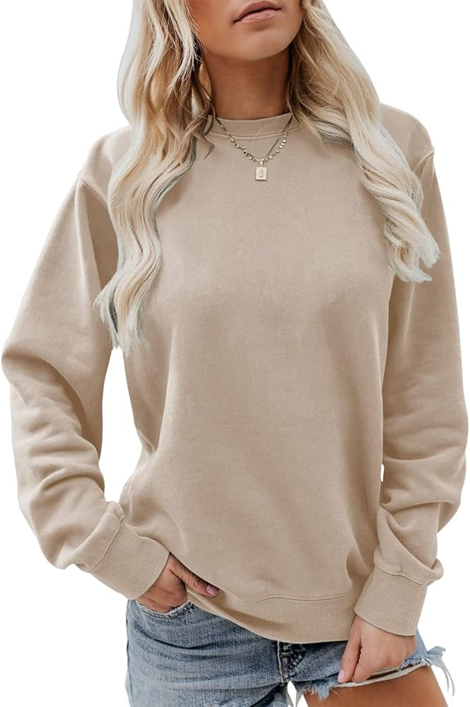 Womens Casual Crewneck Sweatshirts Long Sleeve Loose Fit Soft Pullover Tops Khaki at Amazon Women... | Amazon (US)
