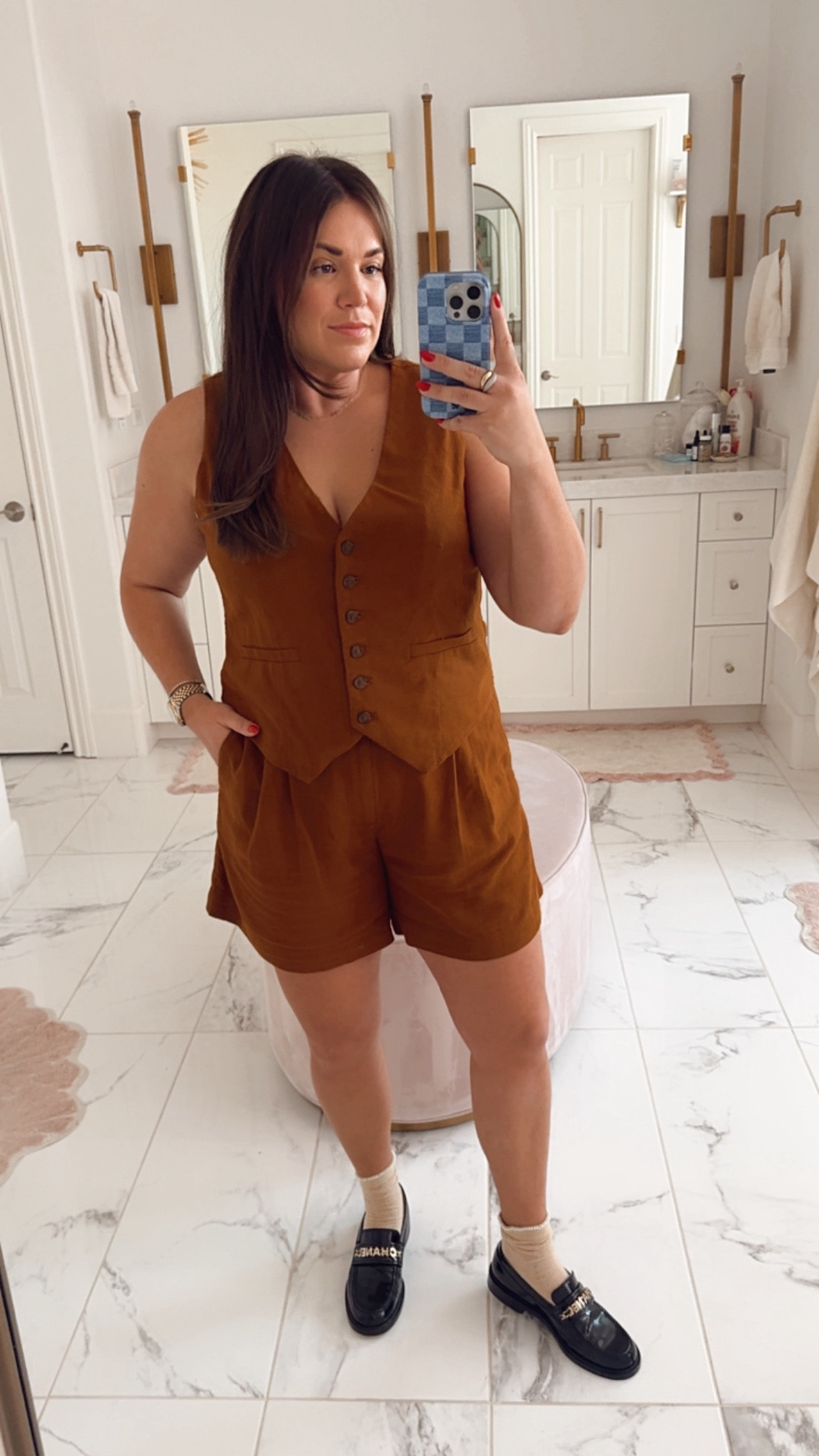 curvy tailored fall look! wearing size xl in cognac vest and size 14 in shorts (but just needed the 12). linking similar socks + loafers! mine are Chanel 

#LTKFindsUnder50 #LTKMidsize #LTKSeasonal