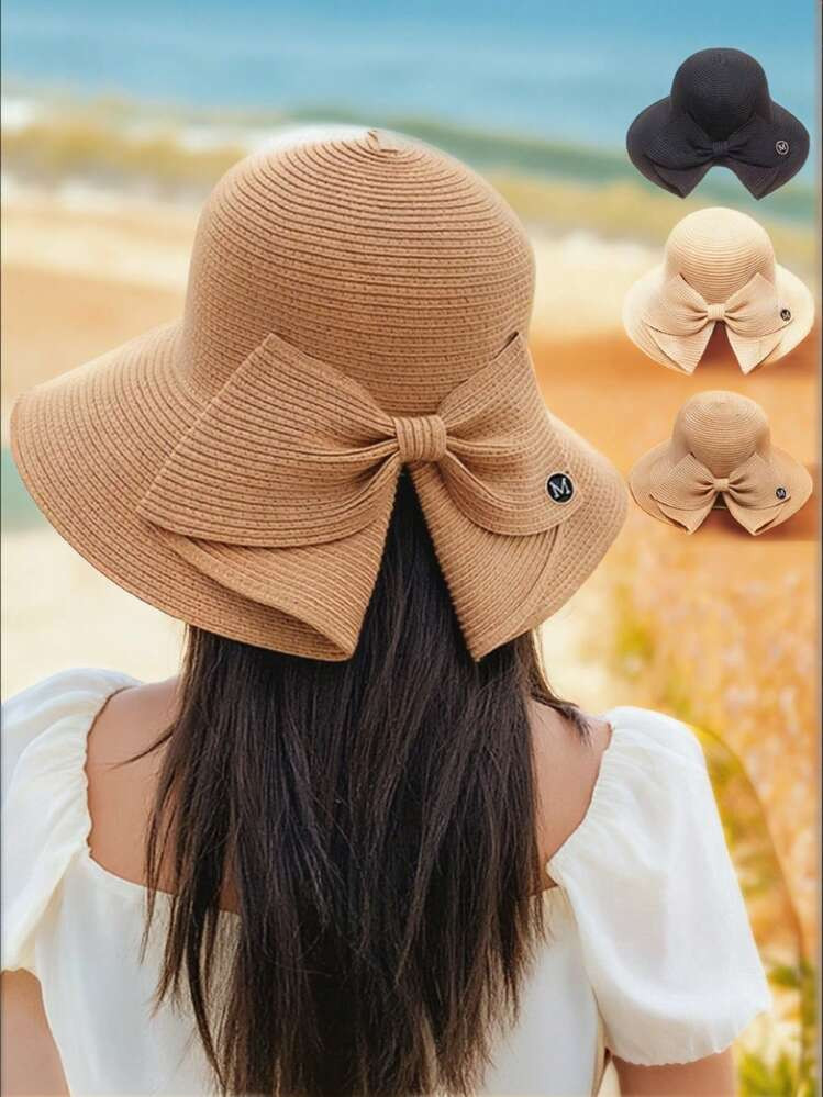 [2025 New]Women's Straw Sun Hat With Oversized Bow Embellished | Wide Brim UPF 50+ Sun Protection Beach Hat | Spring-Summer Fashion Accessories For Beach Travel, Vacation, Outdoor Activities | Classic Black/Sand/Khaki | SHEIN
