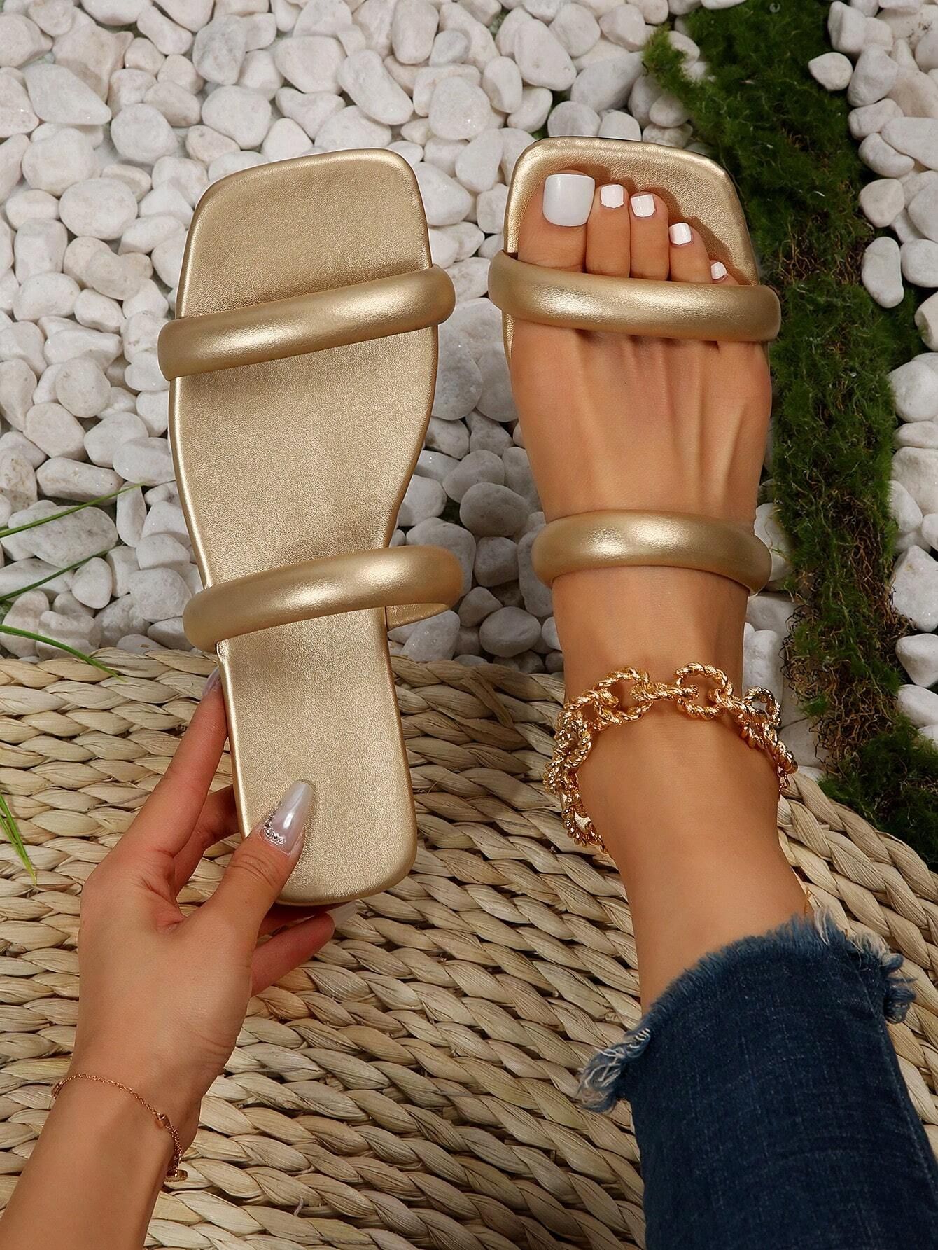 Glamorous Gold Sandals For Women, Metallic Double Strap Slide Sandals | SHEIN