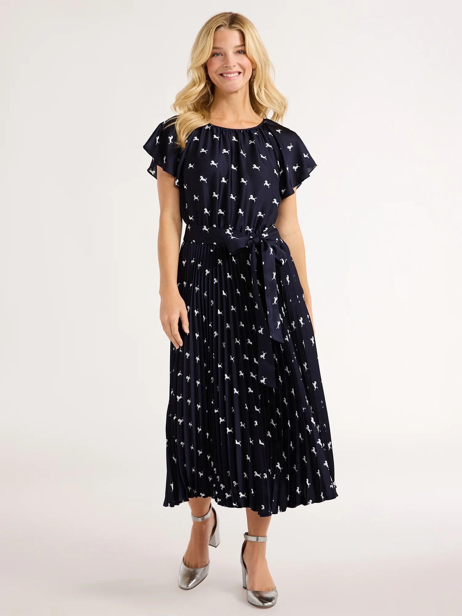 Free Assembly Women’s Pleated Midi Dress with Flutter Sleeves, Sizes XS-XXL | Walmart (US)