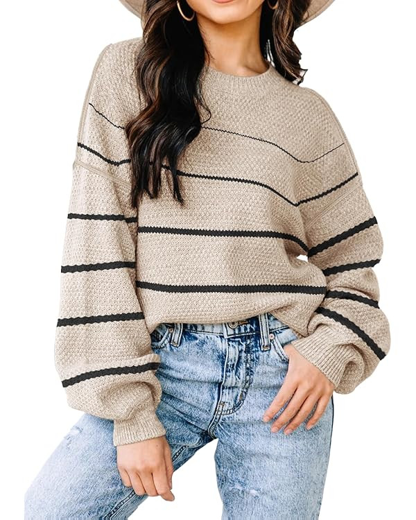 Womens Sweaters Fall 2024 Fashion Long Sleeve Color Block Oversized Sweaters Trendy Casual Crew N... | Amazon (US)