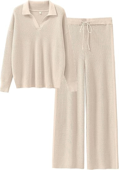ANRABESS Women Two Piece Outfits Sweater Sets Lounge Waffle Knit Pullover Matching Wide Leg Pants... | Amazon (US)