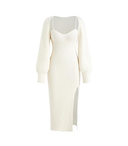 CIDER 2 Piece Sweater Dresses for Women Winter Slit Long Sleeve Womens Midi Dress Pullover Bodycon Wedding Guest Outfits Off-White | Amazon (US)