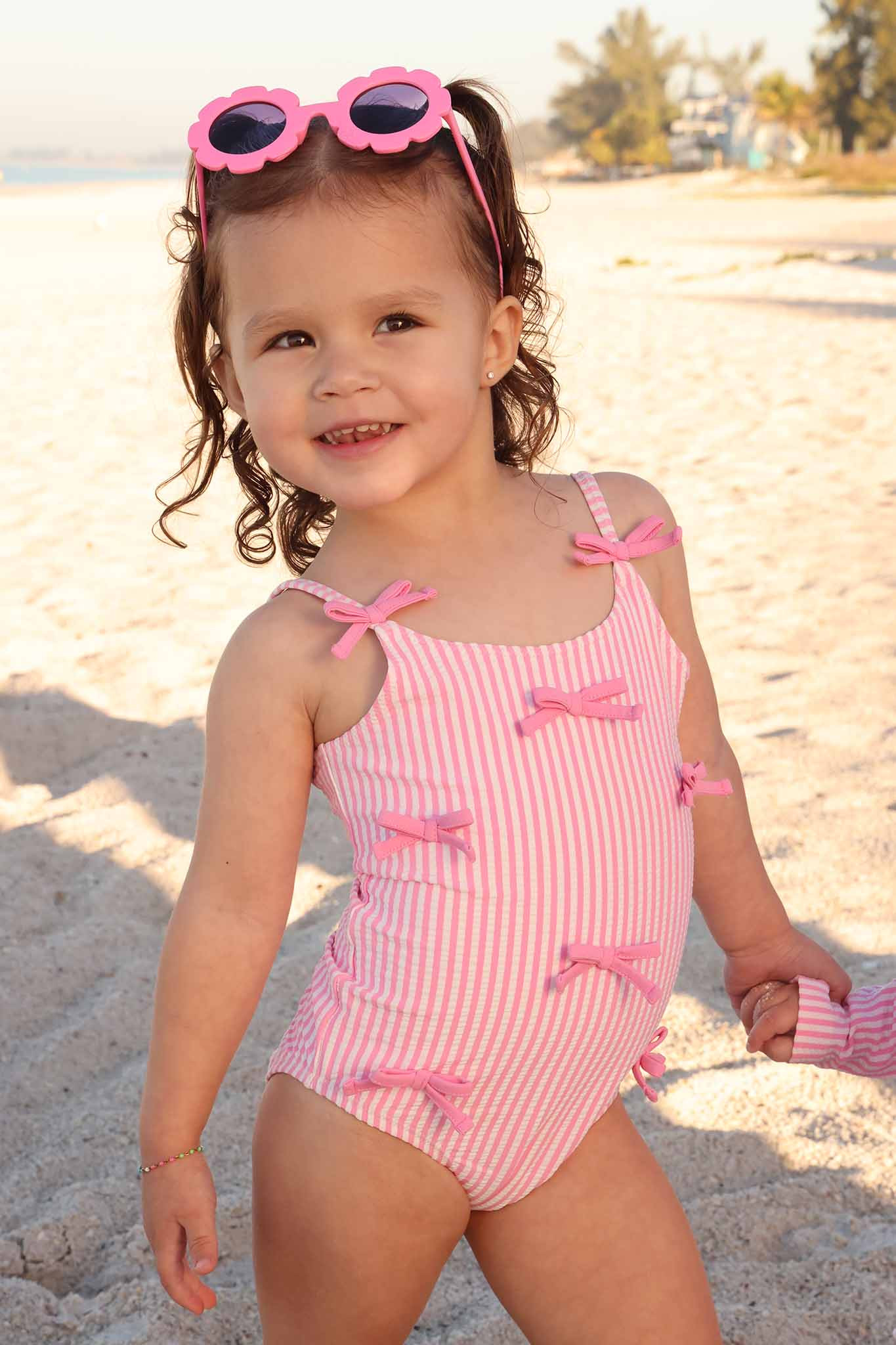 Tiny Bows One Piece | Seersucker Dusty Pink | Caden Lane