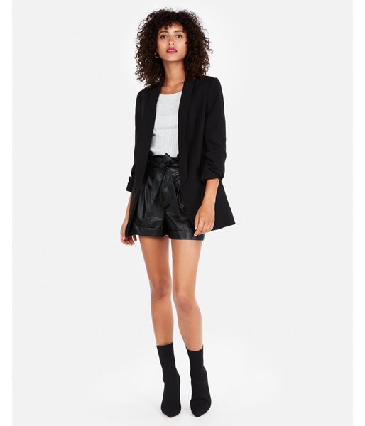 Ruched Sleeve Oversized Boyfriend Blazer Black Women's S Petite | Express