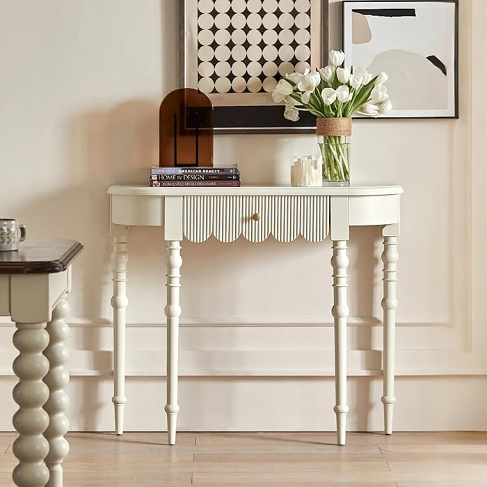 Solid Wood Console Table with Drawer – White Entryway Table with Scalloped Edge and Straight Le... | Amazon (US)
