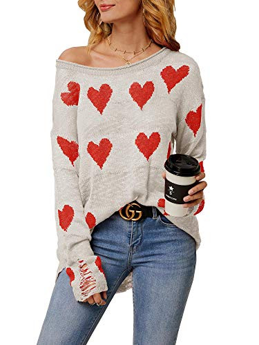 Chang Yun Women Off Shoulder Knitted Pullovers Sweater Loose Long Sleeve Hearts Printed Ripped Tops | Amazon (US)