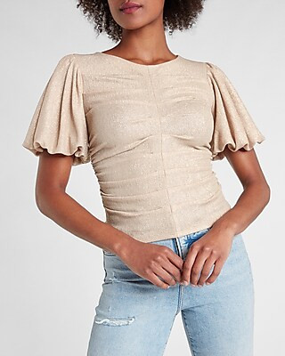 Metallic Shirred Front Puff Sleeve Top | Express