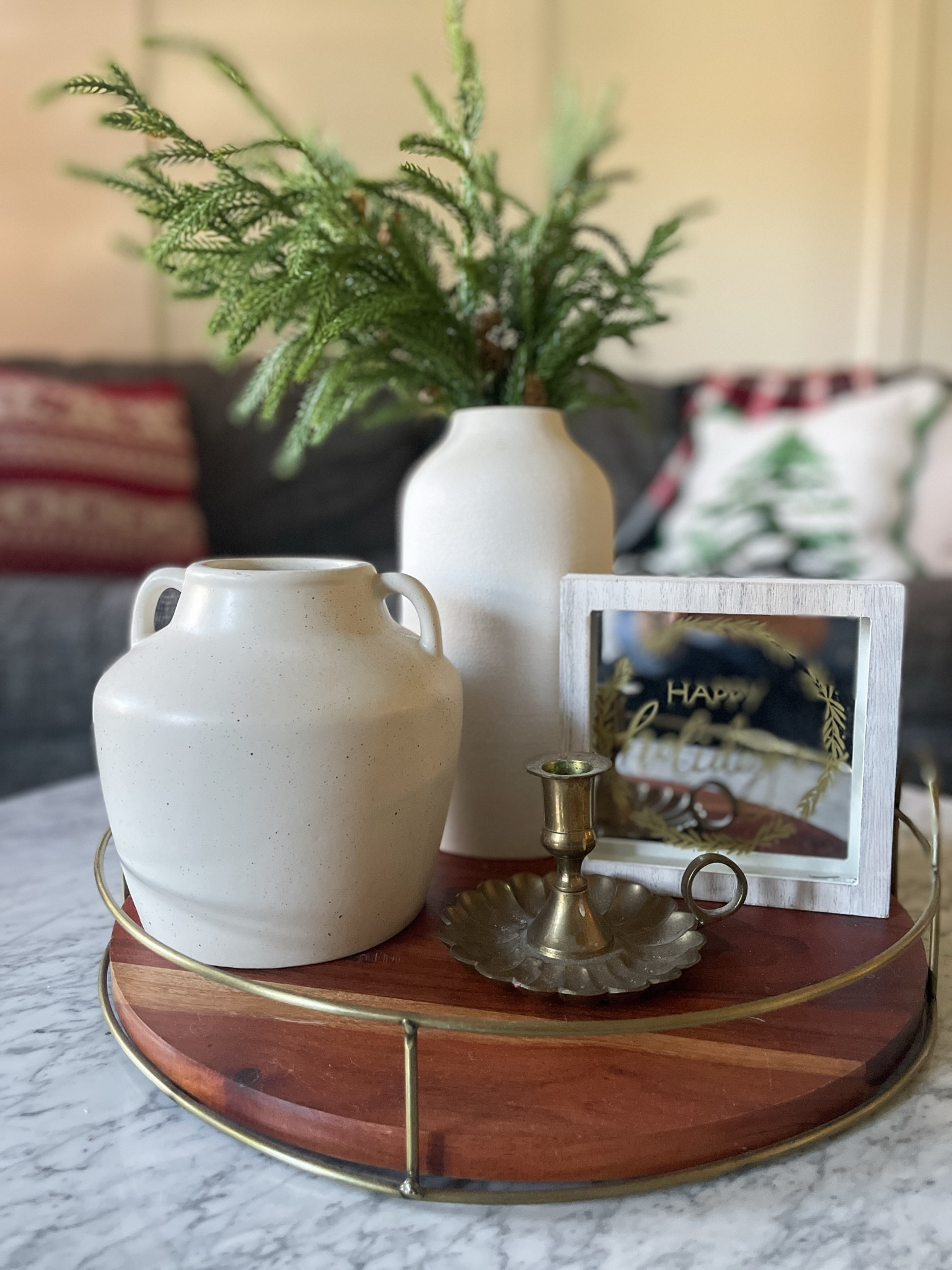 Easy coffee table styling for the holidays.  

Tray styling.  Vase.  Home decor.  Christmas decor.  

#LTKSeasonal #LTKHoliday #LTKHome