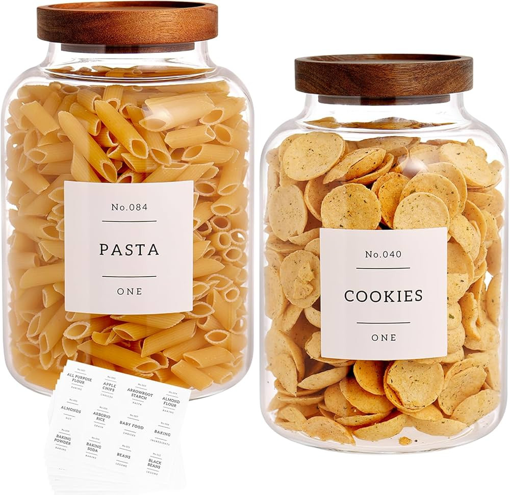Set Of 2 Large Glass Jar with Wooden Lid with 132 Labels, Glass Storage Jars for Flour Pasta Cand... | Amazon (US)