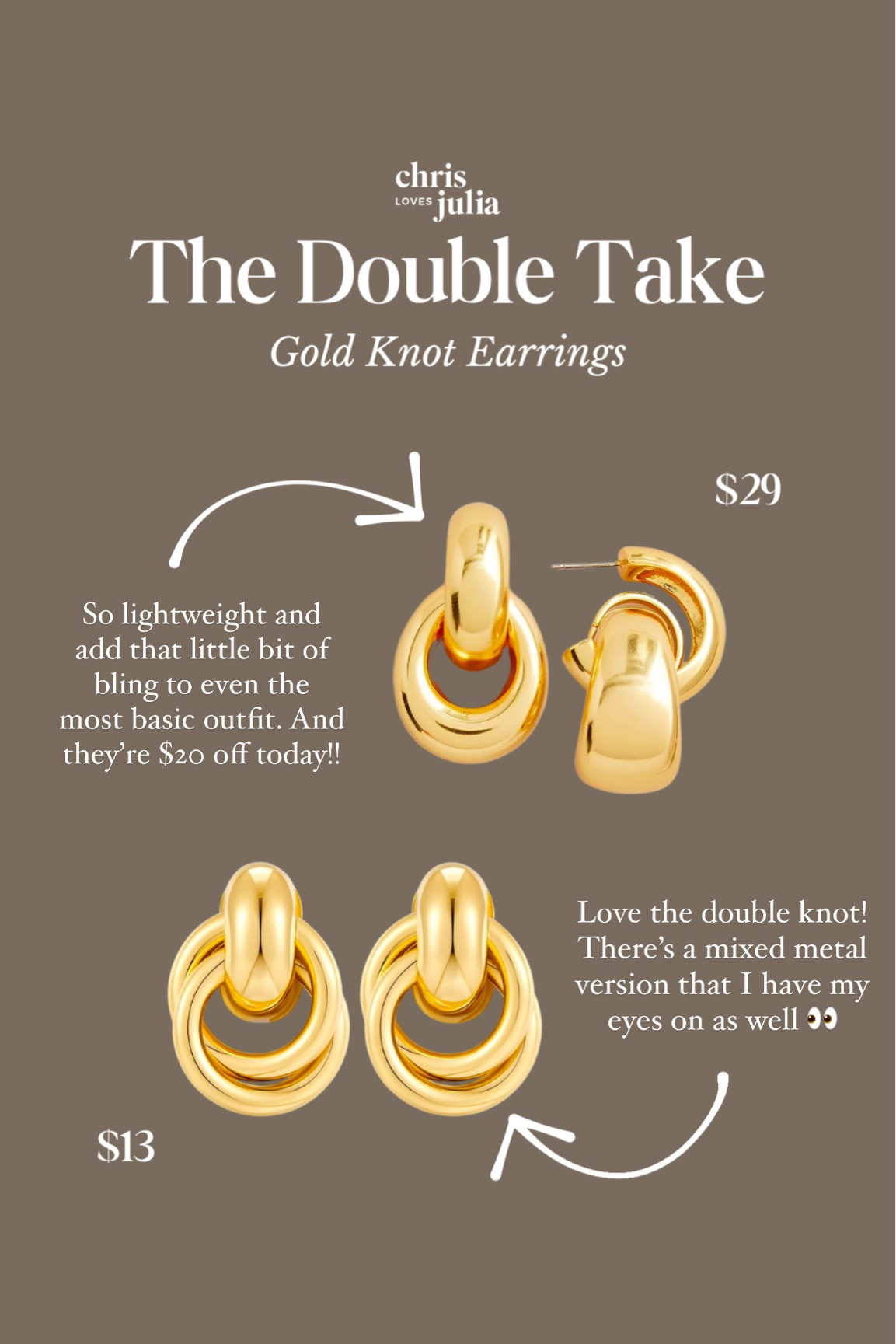 The Double Take: Gold Knot Earrings

#LTKStyleTip #LTKFindsUnder50 #LTKBeauty